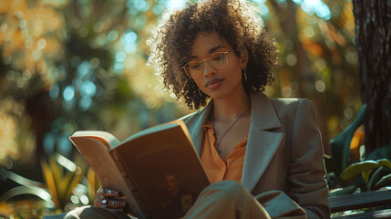  A businesswoman reading a book in the sunshine while perched on a bench in a peaceful park. The camera captures her serene countenance and easy stance. - obrazy, fototapety, plakaty