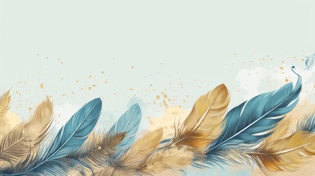 Textured Background : Vintage illustration with feathers, blue and gold brushstrokes. 