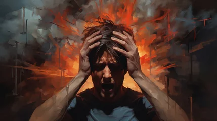 Fotobehang Man overwhelmed with hands on head against a backdrop of shattering thoughts. Digital art piece symbolizing mental struggle. Illustration for psychological concept, mental health awareness. © ArtStockVault