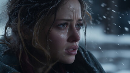 Young woman with tearful eyes braving a snowstorm, emotional distress evident on her face. Cinematic winter scene for storytelling, dramatic themes. Design for novel cover, emotional expression.