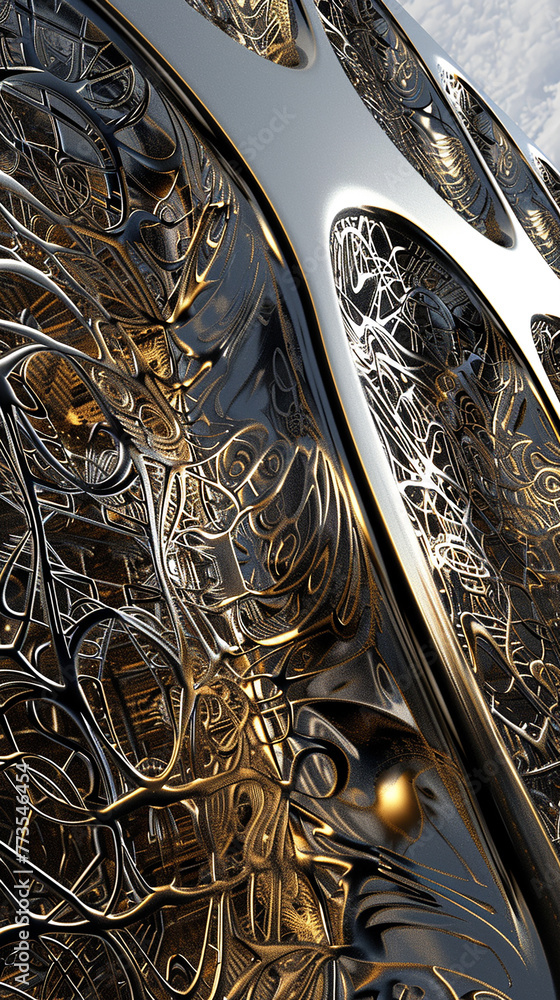 Poster an intricate 3d wall abstraction featuring metallic highlights and intricate patterns, captured beau