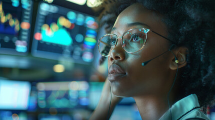 African American woman financial trader at work