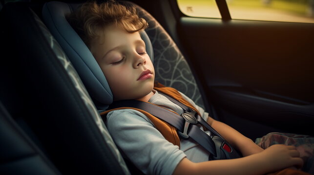 Sleeping child in car seat. Safety and care in travel concept.