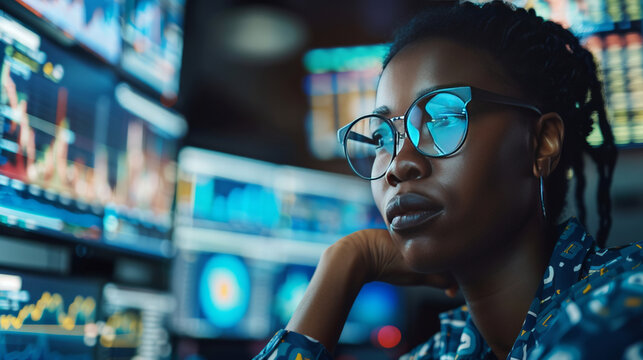 African American woman financial trader at work