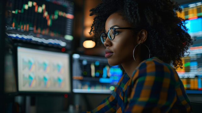 African American woman financial trader at work