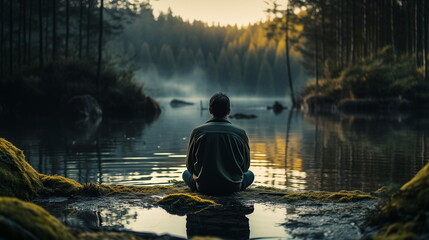 Man seated on a log at the edge of a serene lake, enjoying a tranquil sunset in solitude.