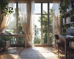 An idyllic home workspace, awash in golden sunlight, framed by billowing curtains, and offering a serene vista of verdant foliage through an open window.