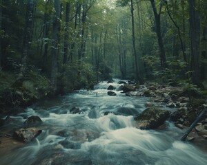 Mesmerizing cinemagraph reveals a calm river meandering amidst dense forest, embodying the tranquility and beauty of time spent in natural serenity. - obrazy, fototapety, plakaty