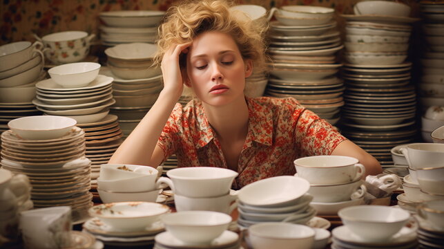 Exhausted woman surrounded by teacups and plates. Domestic life and stress concept. Design for social issue articles, health and wellbeing blogs.