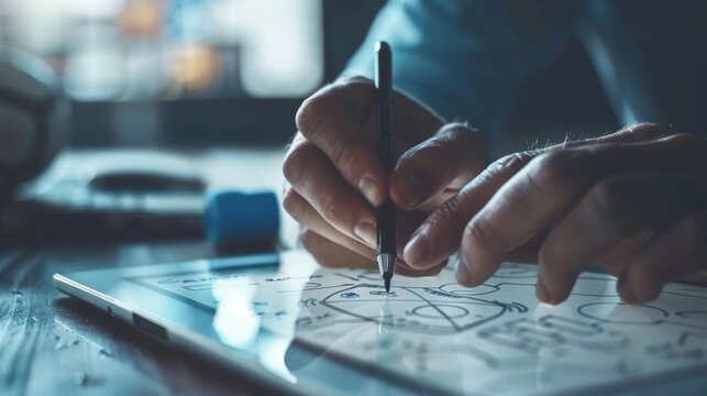 Detailed shot capturing a coach's hand sketching out a strategic plan on a digital tablet, emphasizing collaborative teamwork and tactical precision.