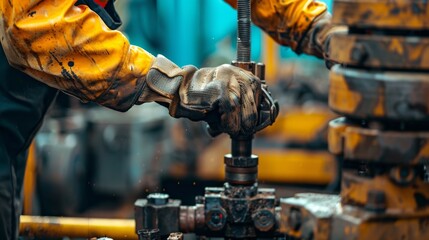 Precision and power converge in this close-up shot of an oil rig worker's hands skillfully managing drilling gear, offering a vivid portrayal of industrial prowess.