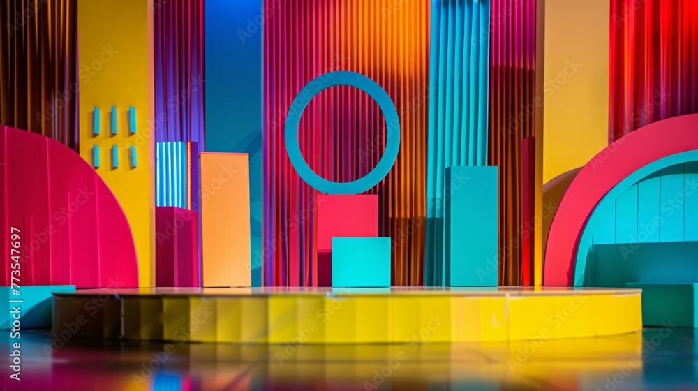 Poster the podium is transformed into a colorful masterpiece with a mix of primary colors and geometric sha