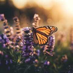 Majestic Monarch Butterfly on Lavender Flowers at Sunset