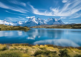 Scenic View of Snow-Capped Mountains and Tranquil Lake Under Blue Sky