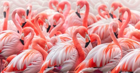 Flamingo flock, one leg tucked under, vibrant pink feathers against white. 