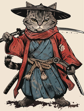 Cool Samurai Cat / Vintaged Japanese Samurai Cat Ninja Warrior with Katana Sword and Traditional Samurai Clothing