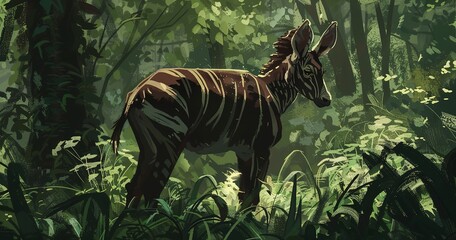 Okapi, forest's hidden gem, striped hindquarters visible, shy and elusive.  - obrazy, fototapety, plakaty