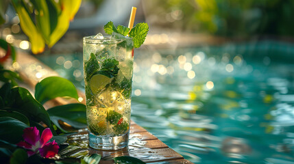 With tropical flowers and plants in the background, a tall glass of delicious iced mojito is set on a table by the pool.