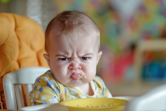 a cute baby refuse to eat in disgust