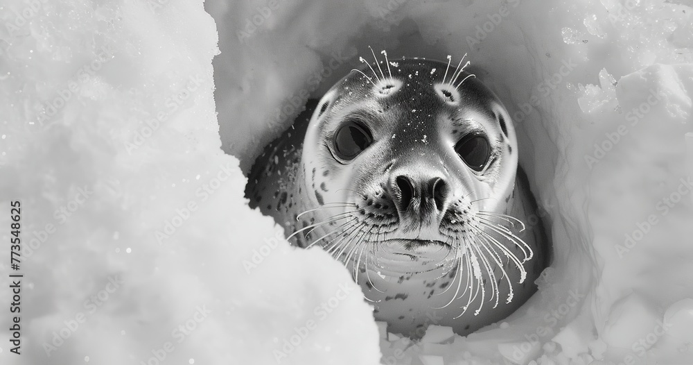 Wall mural Seal peeking from hole in the ice, eyes playful, skin sleek and wet.