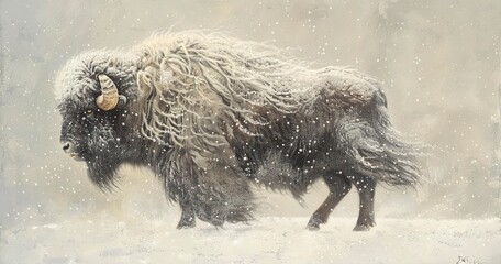 Musk Ox with shaggy fur, stoic and sturdy, snowflakes clinging to its coat.  - obrazy, fototapety, plakaty