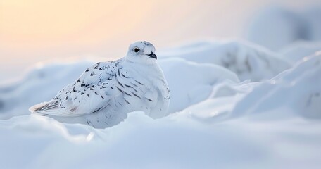 Svalbard Ptarmigan in winter plumage, camouflaged perfectly, serene in the arctic chill. 