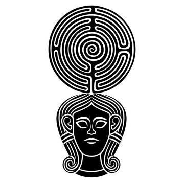 recommend clip art: Head of the Middle East goddess Astarte or Egyptian Hathor holding a round spiral maze or labyrinth symbol as her crown. Creative mythological feminist concept. Black and white silhouette.
