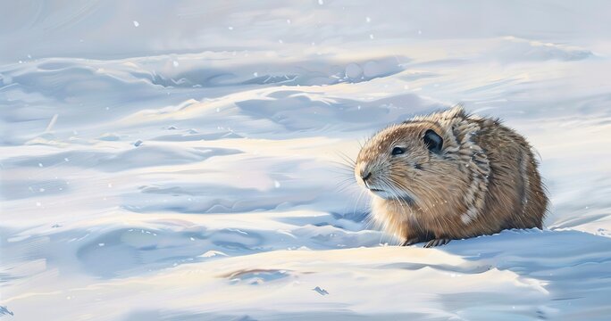 Lemming on the snow surface, tiny but bold, survival in the vast cold. 