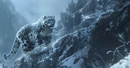 Snow Leopard, though not polar, its cold mountain adaptation, silent and ghostly hunter.  - obrazy, fototapety, plakaty
