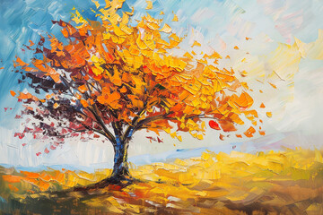 Beautiful Autumn tree is depicted in an original oil painting on canvas. Impressionist modernism.