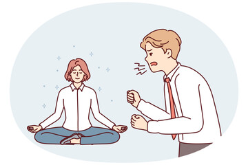 Angry manager yelling at employee sitting in lotus position and not paying attention to employer bad attitude. Girl uses meditation and yoga located near screaming unbalanced man