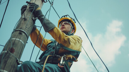 Electrical technician on electric pole troubleshooting and install equipment on electric pole. Wearing safety equipment.  - obrazy, fototapety, plakaty