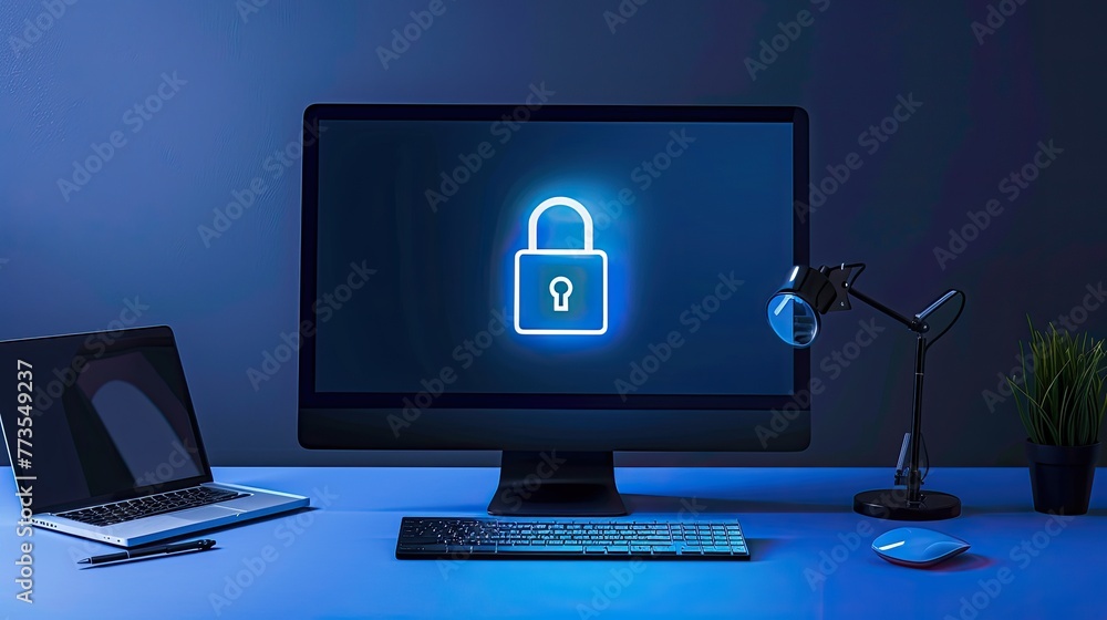Poster a digital illustration of a cybersecurity concept with a glowing lock symbol on a computer screen