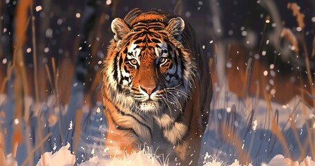 Siberian Tiger, striking orange fur and black stripes, powerful and focused.  - obrazy, fototapety, plakaty