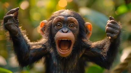 Foto op Plexiglas  playful energy of baby chimpanzees swinging on a lush jungle green background, their agile movements and mischievous grins immortalized in cinematic 8k full ultra HD © Artistic_Creation