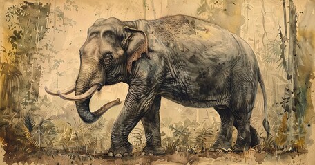 Sumatran Elephant, smaller and agile, ears flapping, trunk up.  - obrazy, fototapety, plakaty