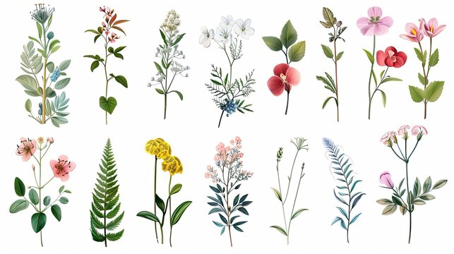 A diverse array of detailed botanical illustrations, each featuring a different species of flower and foliage