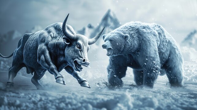 Stylized bull and bear in a dramatic face-off on a snowy landscape. Keywords