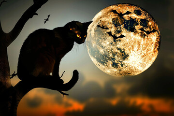 Black cat on a tree against the background of the full moon with flying bats.