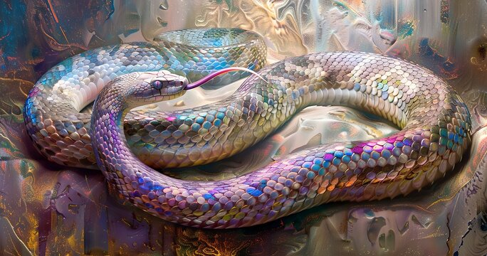 Snake coiled, tongue flicking out, scales detailed and iridescent. 