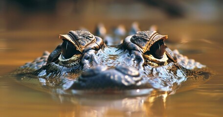 Caiman in water, eyes and nostrils above surface, lurking and alert. - obrazy, fototapety, plakaty