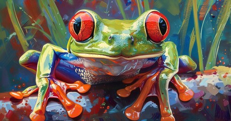 Red-eyed tree frog, eyes wide, limbs splayed, iconic and vivid.