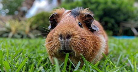 Guinea pig with a glossy coat, whiskers twitching, content and chubb. 