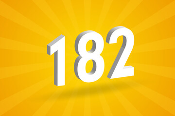3D 182 number font alphabet. White 3D Number 182 with yellow background