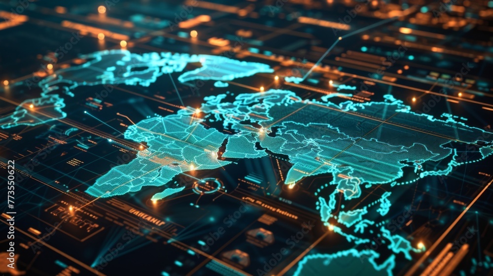 Poster a map of the world is displayed with glowing lights illuminating different regions, showcasing globa