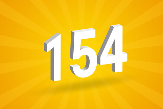3D 154 number font alphabet. White 3D Number 154 with yellow background