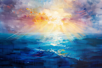 Colorful oil painting on canvas texture of a seascape with sunlight background. - obrazy, fototapety, plakaty