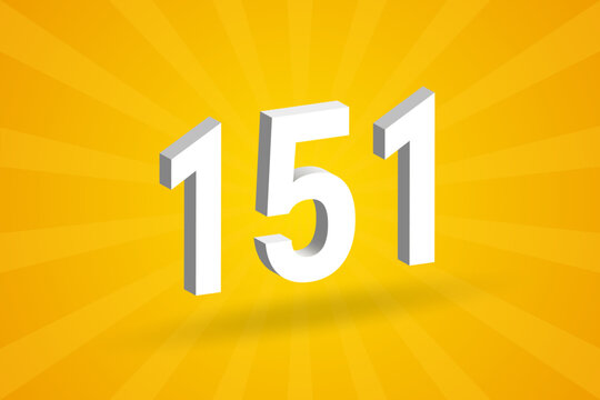 3D 151 number font alphabet. White 3D Number 151 with yellow background