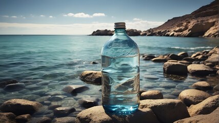 a magnificent image of a big water bottle lying contentedly on rocks in the middle of a tranquil body of water. - obrazy, fototapety, plakaty