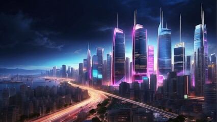 Futuristic city skyline with neon lights at night